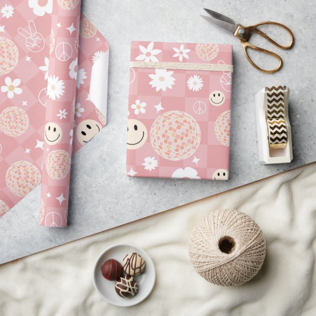 Papier Cadeau Motif hippie Super rose rétro À damiers (Artisanat)