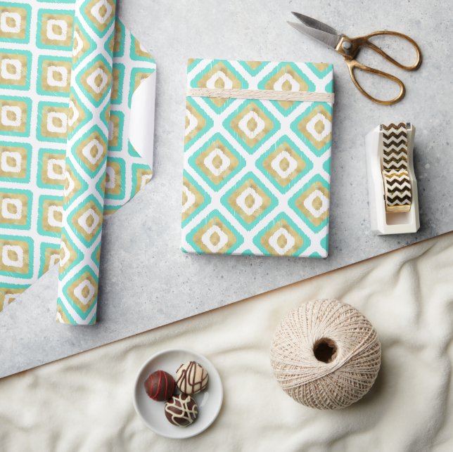 Papier Cadeau Motif Ikat Géométrique Or & Turquoise (Artisanat)