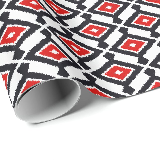 Papier Cadeau Motif Ikat - Rouge foncé, noir et blanc (Coin rond)