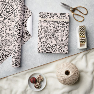 Papier Cadeau Motif indien Mehndi Paisley noir et blanc