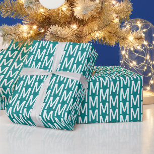 Papier Cadeau Motif initial personnalisé moderne sarcelle blanc