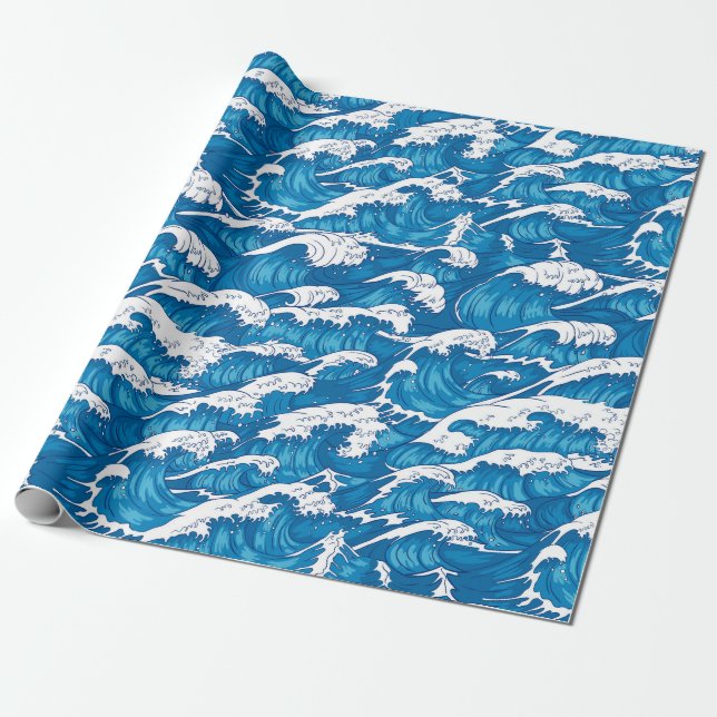 Papier Cadeau Motif japonais d'art moderne de la vague bleue (Déroulé)