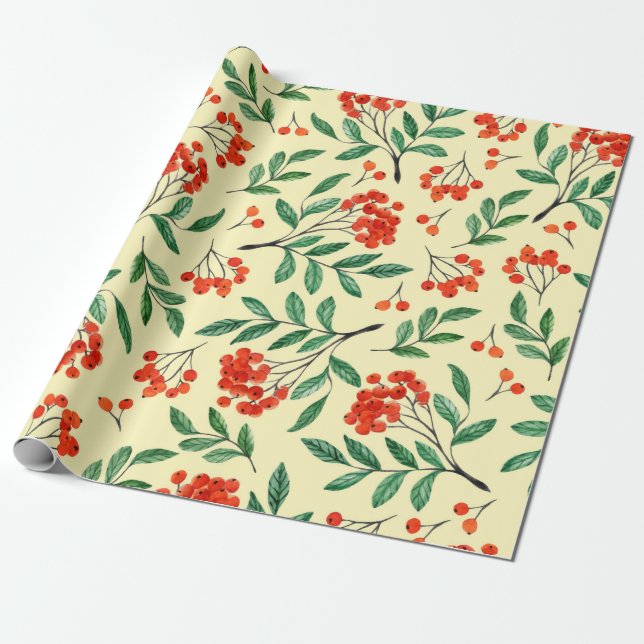 Papier Cadeau Motif jaune transparent avec rowan. Aquarelle (Déroulé)