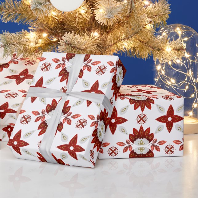 Papier Cadeau Motif kaléidoscope scandinave rouge et or (Vacances)