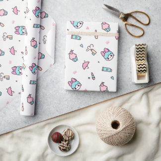 Papier Cadeau Motif Kawaii Pastel Sucré – Étoiles & Maquillage