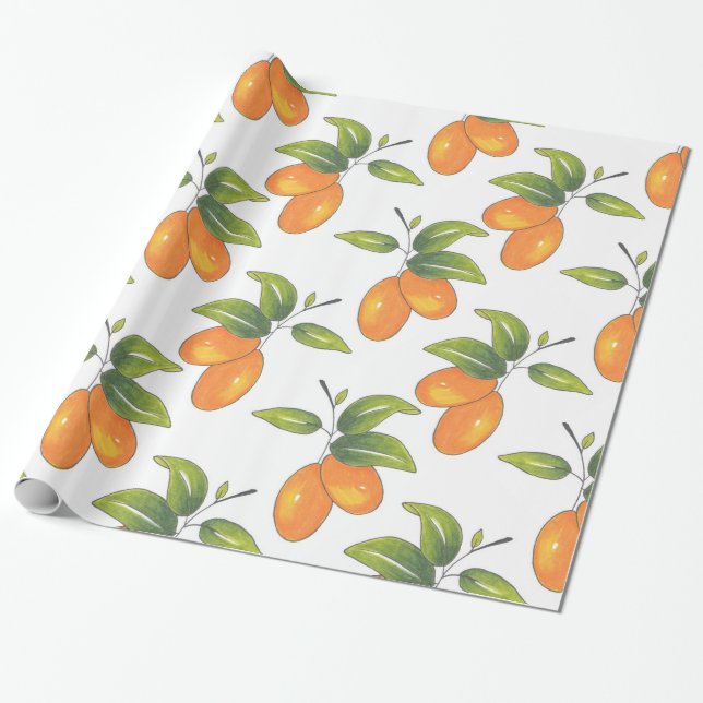 Papier Cadeau Motif Kumquats tiré à la main (Déroulé)