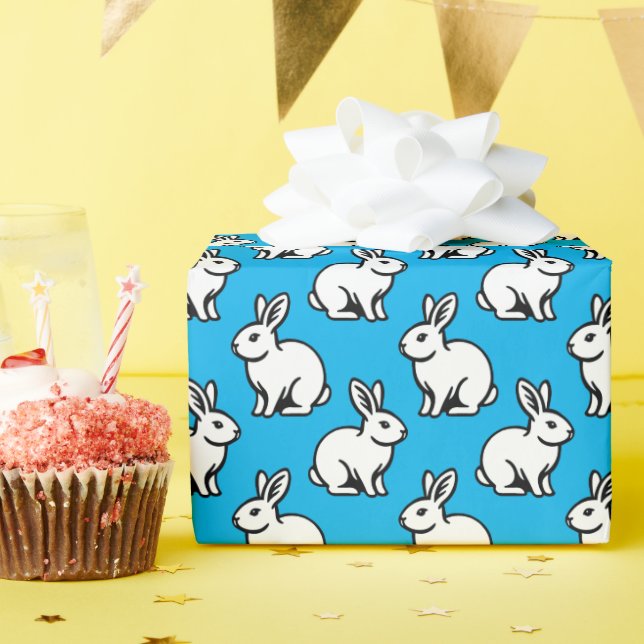 Papier Cadeau Motif lapins - noir et blanc avec ciel bleu (Fête d'anniversaire)