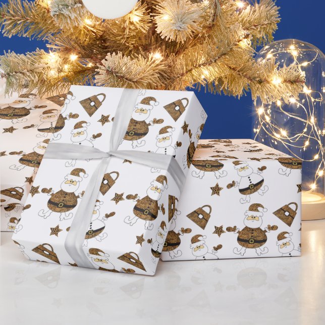 Papier Cadeau Motif Leopard Père Noël Purse Star en blanc (Vacances)