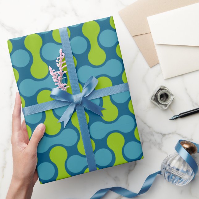 Papier Cadeau Motif Lien Rétro Moderne en Bleu et Vert (Cadeaux)