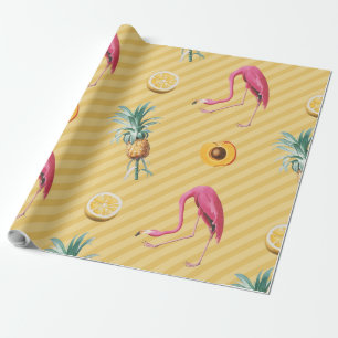 Papier Cadeau Motif Mangue Citron Flamant Rose Jaune