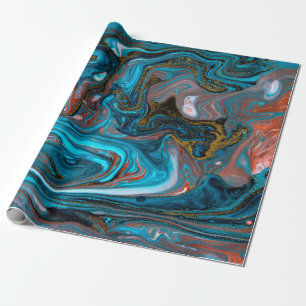 Papier Cadeau Motif marbré bleu et or. Liqu de marbre doré