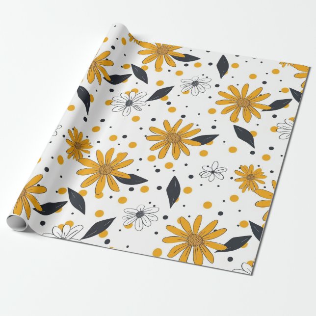 Papier Cadeau Motif marguerrier jaune et blanc avec Feuilles fon (Déroulé)