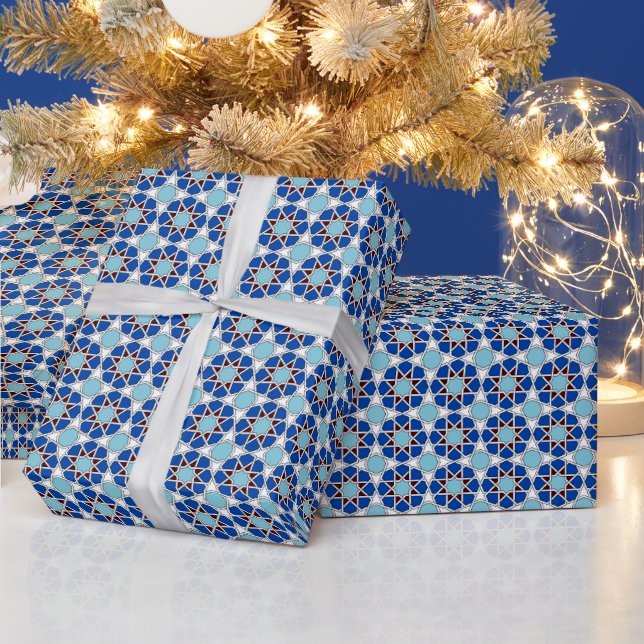 Papier Cadeau Motif marocain géométrique islamique en bleu (Vacances)