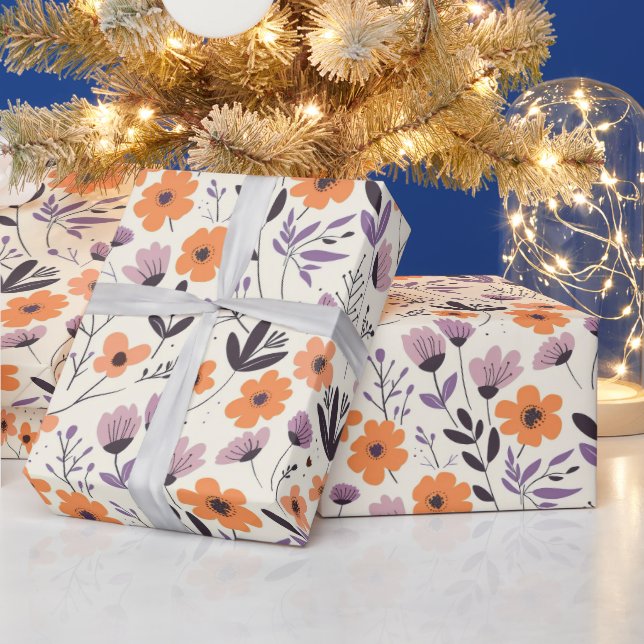 Papier Cadeau Motif mignon de fleurs violettes et orange de prin (Vacances)