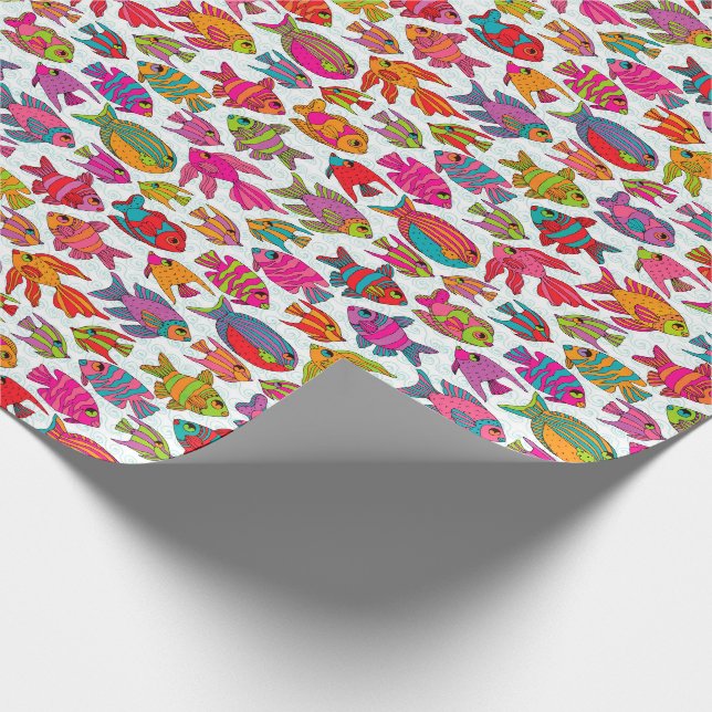 Papier Cadeau Motif mignon de poisson Tropical Rouge Turquoise v (Coin)