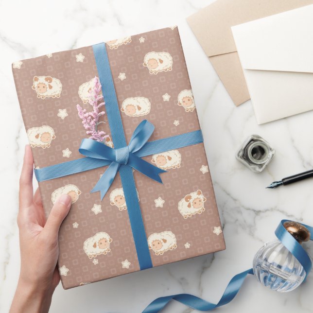 Papier Cadeau Motif mignon petit mouton sur Brown (Cadeaux)