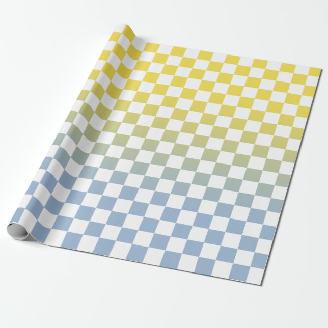 Papier Cadeau Motif moderne À damiers jaune à bleu dégradé (Déroulé)