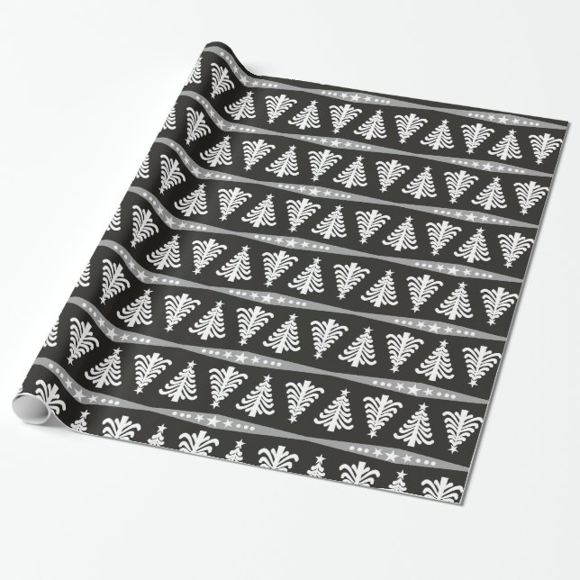 Papier Cadeau Motif moderne d'arbres de Noël blanc sur le noir (Déroulé)