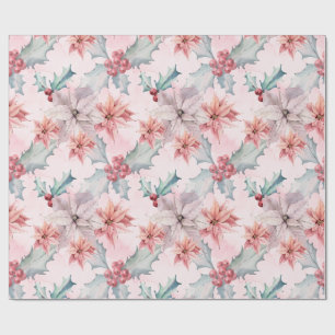 Papier Cadeau Motif moderne de poinsettia à l'aquarelle rose et