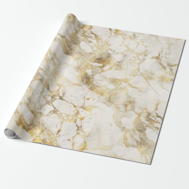 Papier Cadeau Motif moderne en marbre blanc et or (Déroulé)