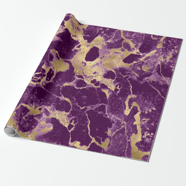 Papier Cadeau Motif moderne en marbre violet et or (Déroulé)