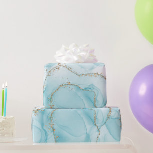 Papier Cadeau Motif moderne Faux Gold & Blue Watercolor en marbr