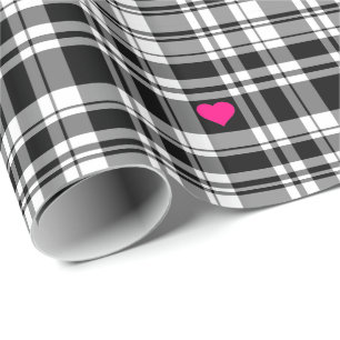Papier Cadeau Motif moderne noir blanc plaid, coeur rose