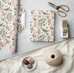 Papier Cadeau Motif moderne Oiseaux et fleurs du milieu du siècl