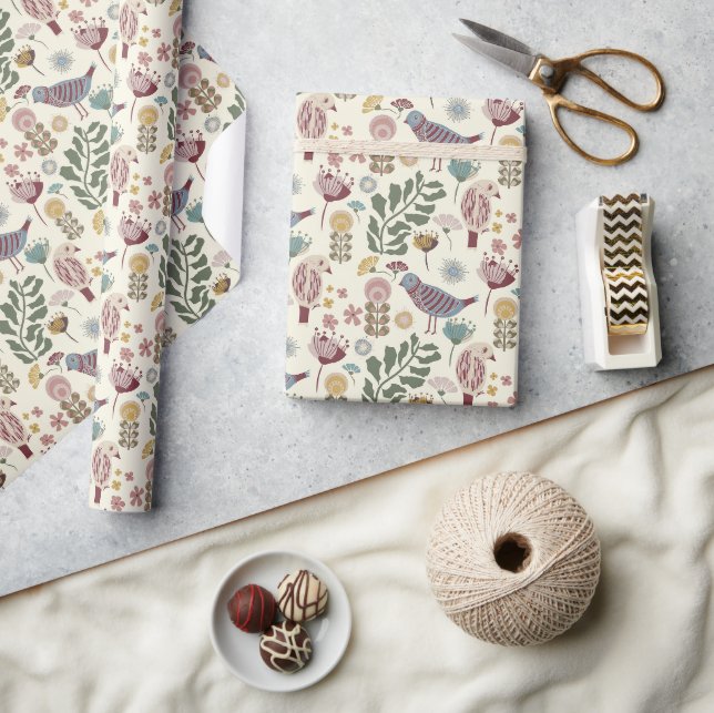 Papier Cadeau Motif moderne Oiseaux et fleurs du milieu du siècl (Artisanat)
