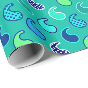 Papier Cadeau Motif moderne Paisley, Turquoise, Bleu et Aqua