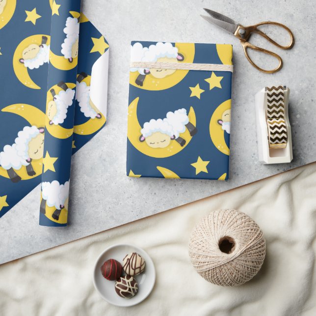Papier Cadeau Motif mouton, Mouton couché, Lune, Étoiles (Artisanat)