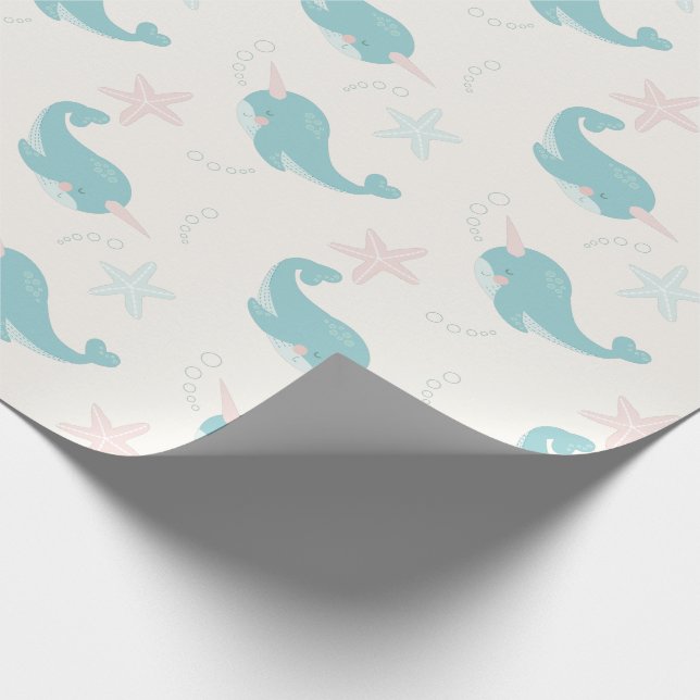 Papier Cadeau Motif Narwhal & Starfish Blanc (Coin)