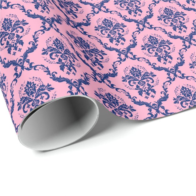 Papier Cadeau Motif Navy Blue & Pink Floral Damas (Coin rond)