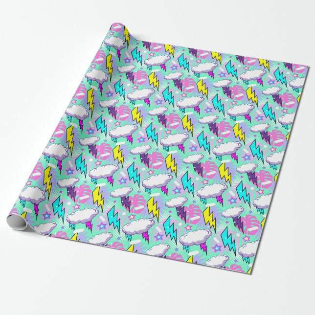 Papier Cadeau Motif Neon Lightning Bolts & Stars (Déroulé)