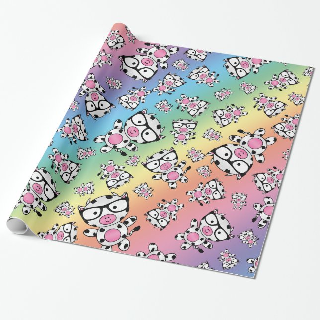 Papier Cadeau Motif nerd de vache à arc-en-ciel (Déroulé)