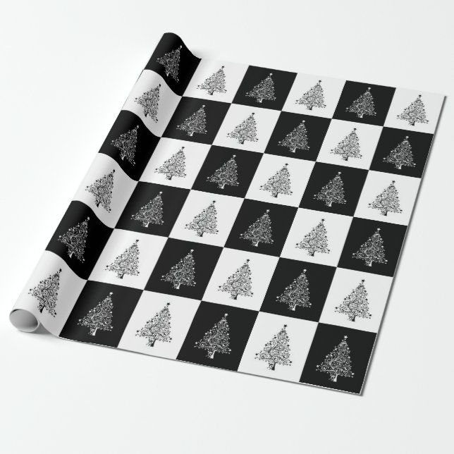 Papier Cadeau Motif noir d'arbre de Noël blanc élégant (Déroulé)