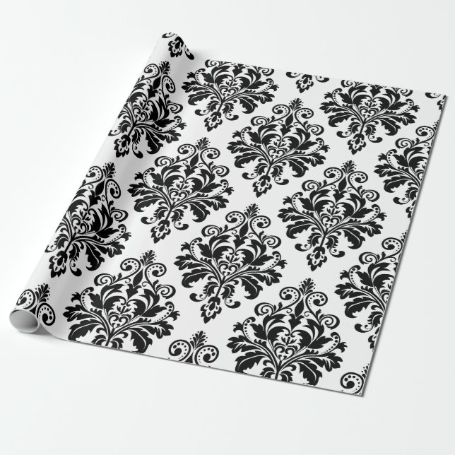 Papier Cadeau Motif noir et blanc élégant de damassé (Déroulé)
