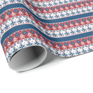 Papier Cadeau Motif norvégien rayé bleu rouge
