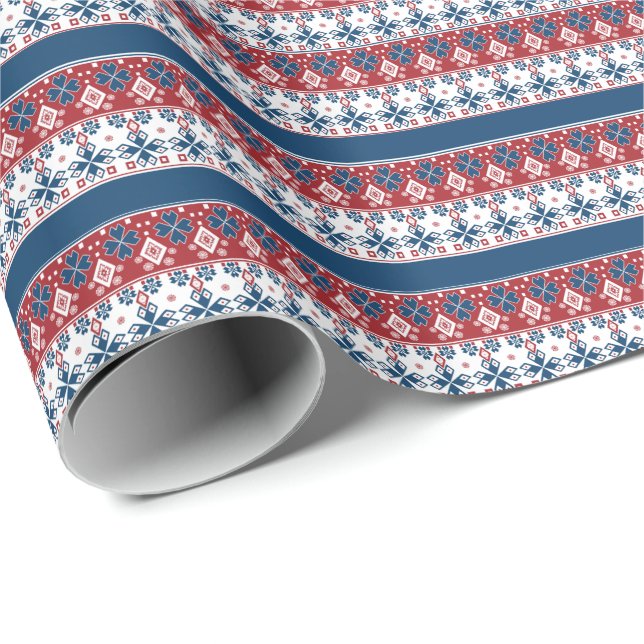 Papier Cadeau Motif norvégien rayé bleu rouge (Coin rond)
