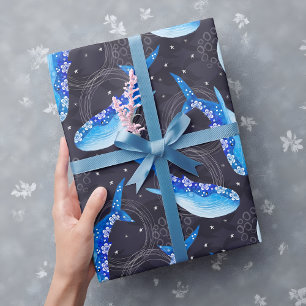 Papier Cadeau Motif nuit baleine bleue céleste