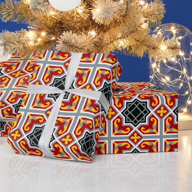 Papier Cadeau Motif octogonal espagnol rouge et jaune (Vacances)