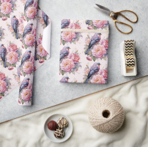 Papier Cadeau Motif Oiseau Chantant sur Pivoines Roses