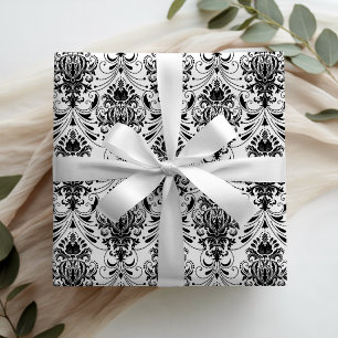 Papier Cadeau Motif ornemental damassé vintage blanc et noir