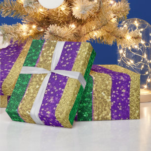 Papier Cadeau Motif Pailleté Mardi Gras Violet Jaune Vert