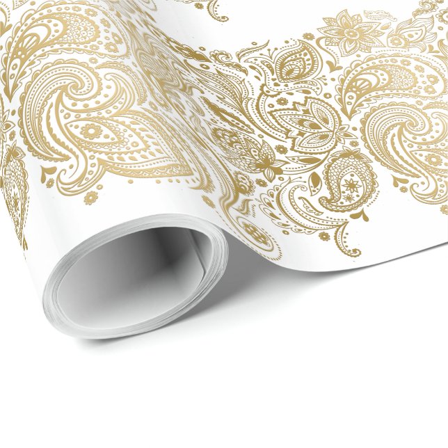 Papier Cadeau Motif Paisley Blanc Et Or (Coin rond)