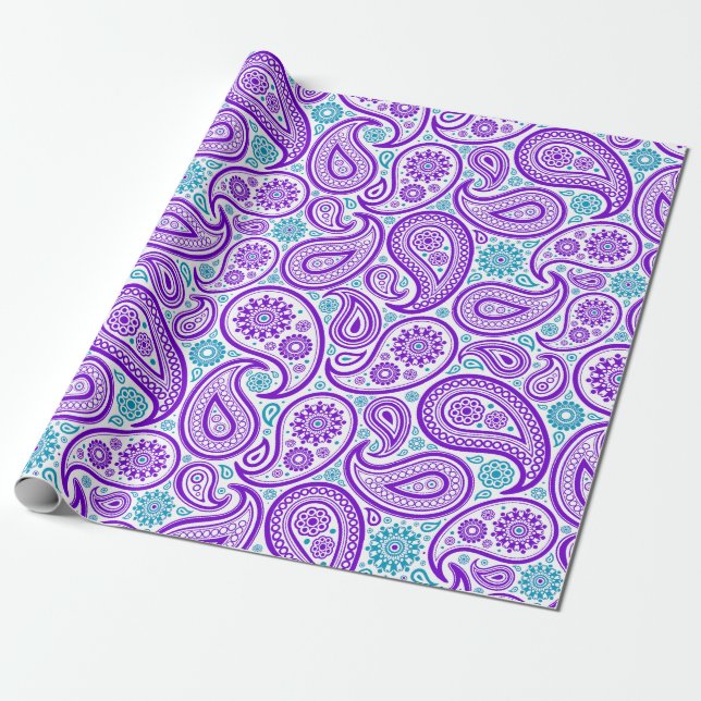 Papier Cadeau Motif paisley blanc et turquoise (Déroulé)