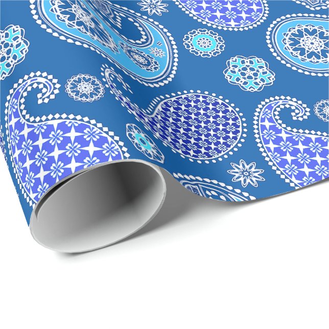 Papier Cadeau Motif Paisley, bleu cobalt et blanc (Coin rond)