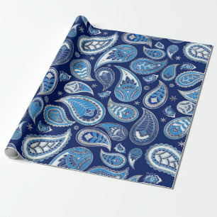 Papier Cadeau Motif Paisley - Bleu et argent