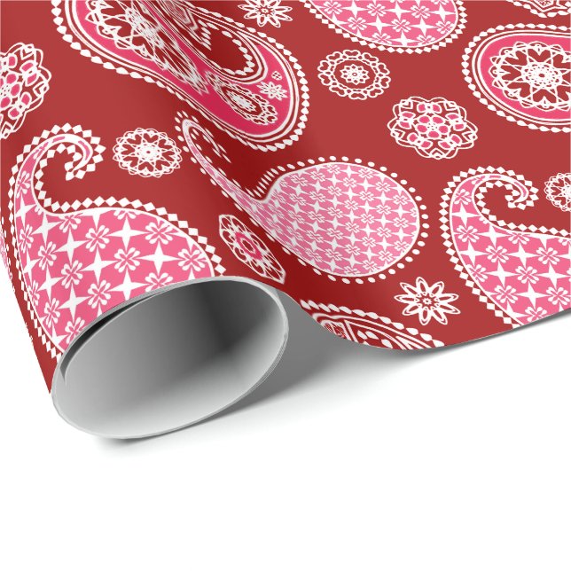 Papier Cadeau Motif Paisley, rouge foncé, rose et blanc (Coin rond)