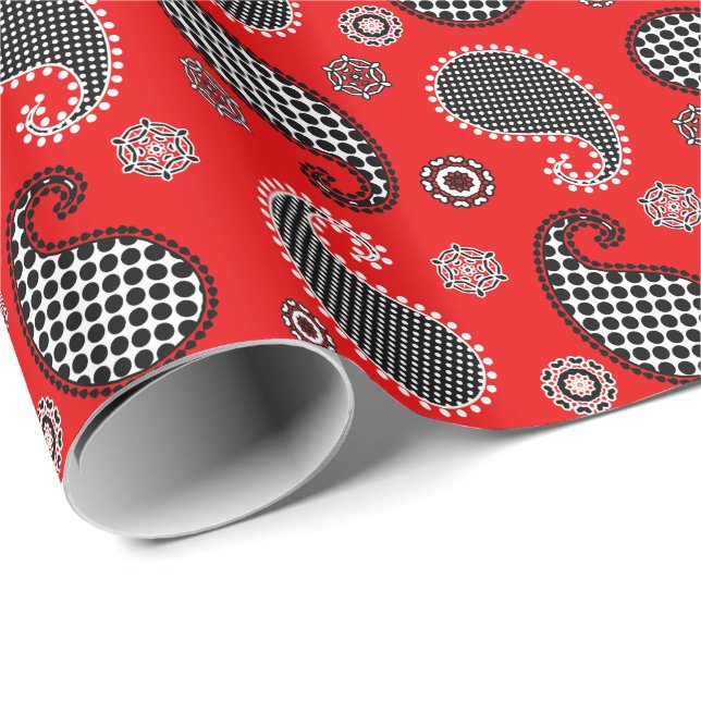 Papier Cadeau Motif Paisley, rouge profond, noir et blanc (Coin rond)